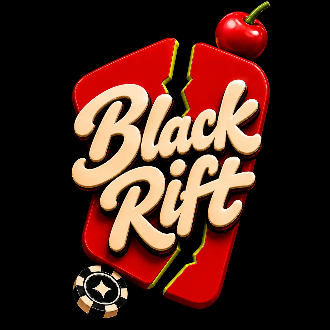 Black Rift in cream lettering on a split cherry-red tile, with a cherry and chip.